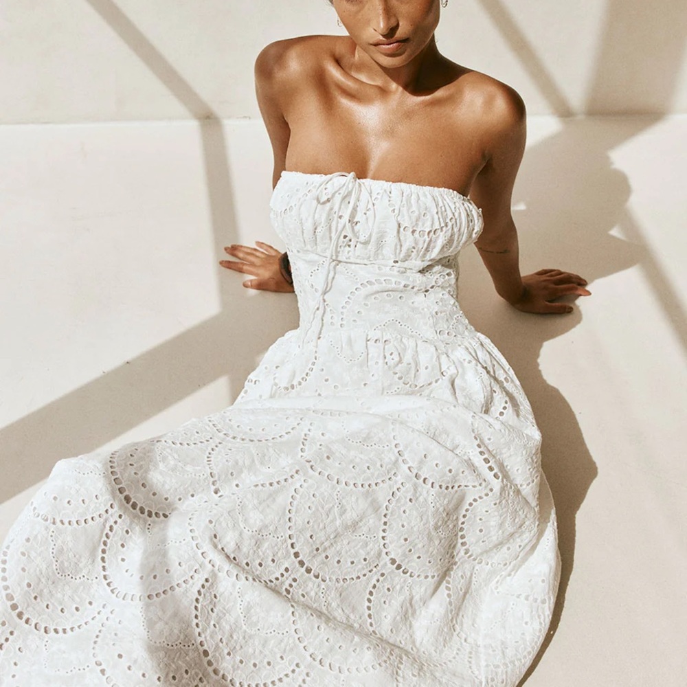 Strapless White Eyelet Midi Dress - Picture 3 of 5